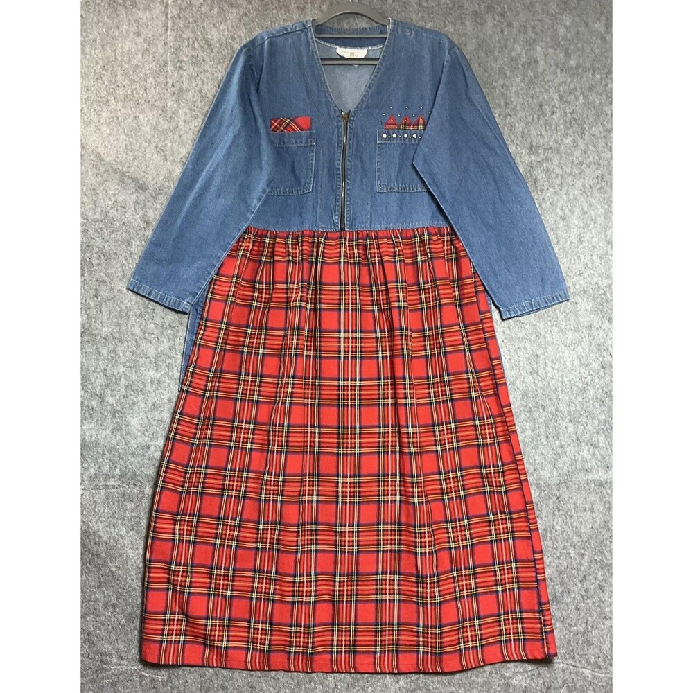 Vintage Dress Womens Large Denim Plaid Maxi Zip Front USA Made Christmas Cottage